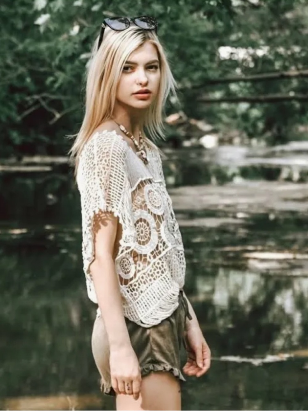 Design Works Boho Crochet Short-Sleeve Top - Cream